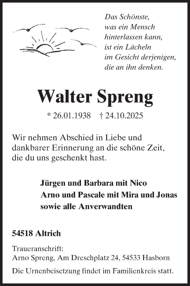  Traueranzeige für Walter Spreng vom 31.10.2025 aus WochenSpiegel