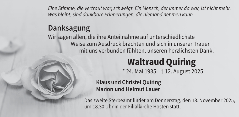  Traueranzeige für Waltraud Quiring vom 10.10.2025 aus WochenSpiegel