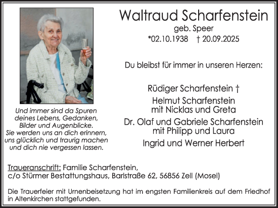 Traueranzeige von Waltraud Scharfenstein von WochenSpiegel