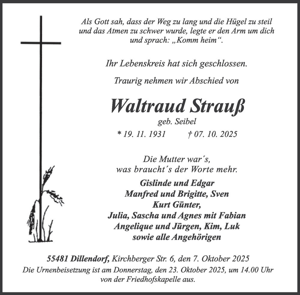  Traueranzeige für Waltraud Strauß vom 18.10.2025 aus WochenSpiegel