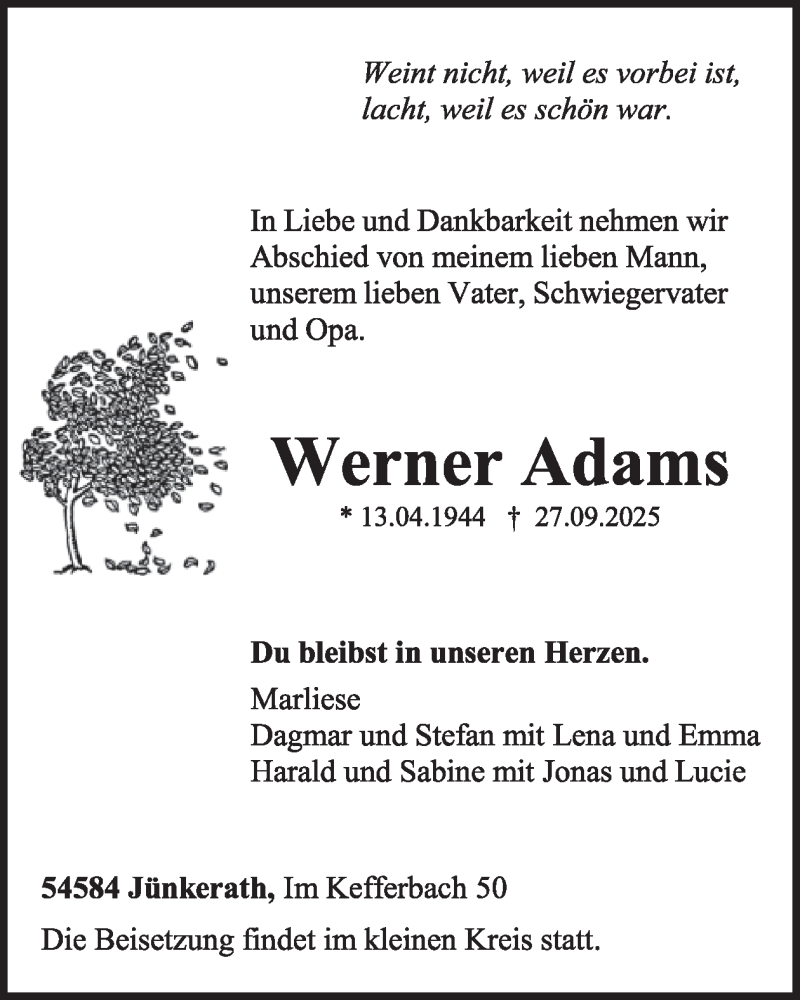  Traueranzeige für Werner Adams vom 04.10.2025 aus WochenSpiegel