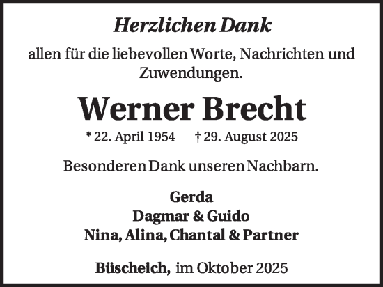 Traueranzeige von Werner Brecht von WochenSpiegel