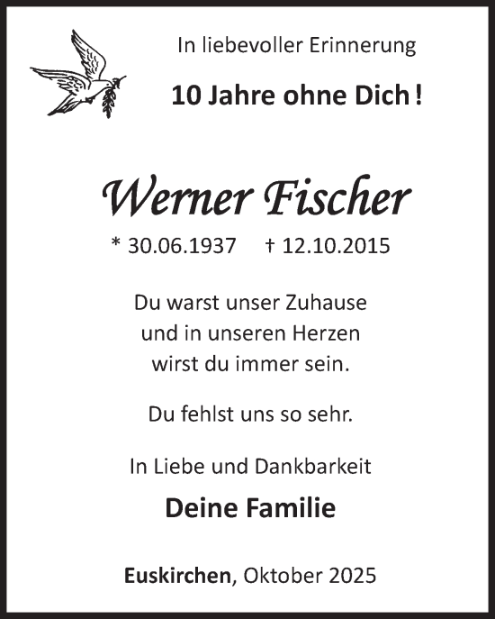 Traueranzeige von Werner Fischer von WochenSpiegel