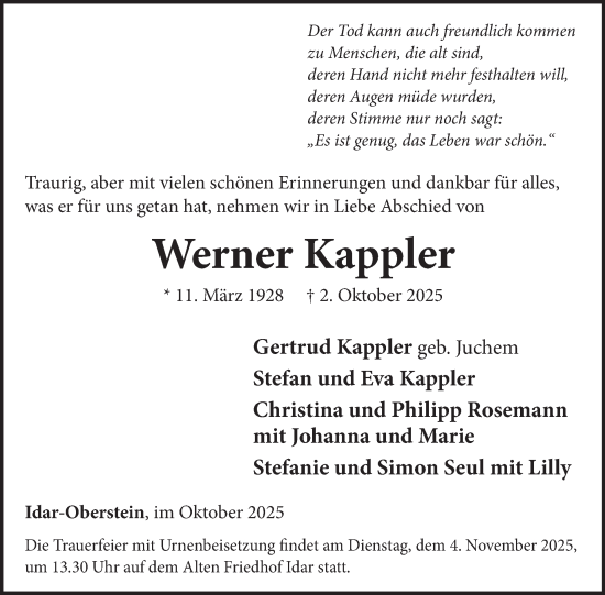 Traueranzeige von Werner Kappler von WochenSpiegel