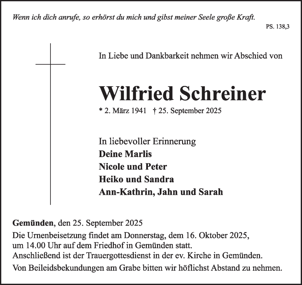  Traueranzeige für Wilfried Schreiner vom 04.10.2025 aus WochenSpiegel