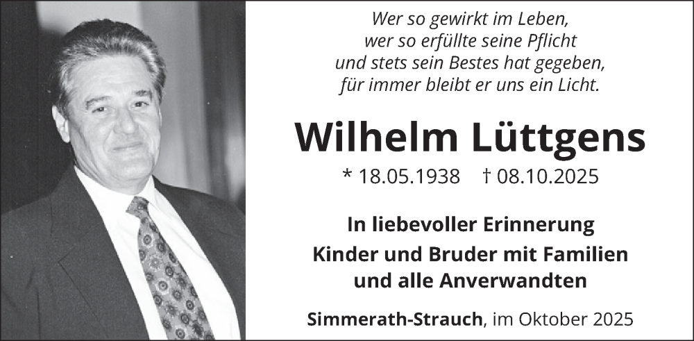  Traueranzeige für Wilhelm Lüttgens vom 15.10.2025 aus WochenSpiegel