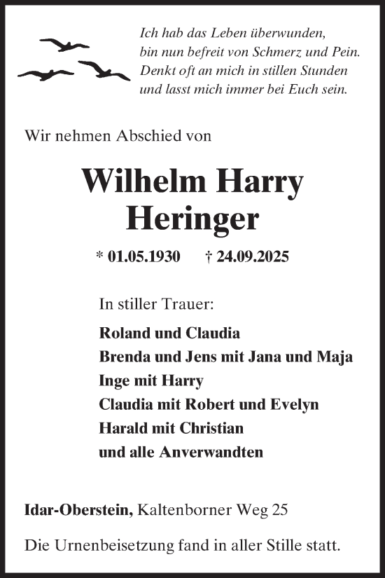 Traueranzeige von Wilhelm Harry Heringer von WochenSpiegel