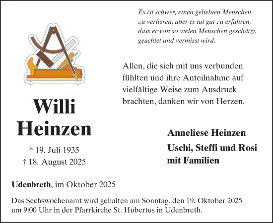 Traueranzeige von Willi Heinzen von WochenSpiegel