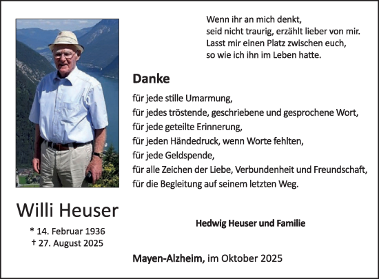 Traueranzeige von Willi Heuser von WochenSpiegel