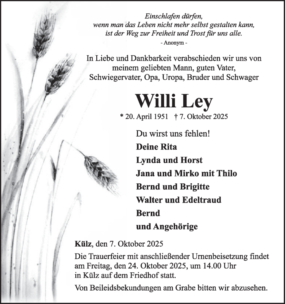  Traueranzeige für Willi Ley vom 18.10.2025 aus WochenSpiegel