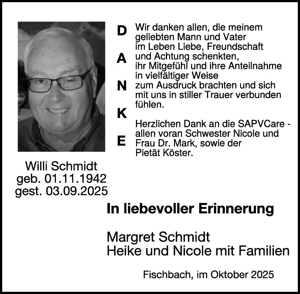  Traueranzeige für Willi Schmidt vom 25.10.2025 aus WochenSpiegel