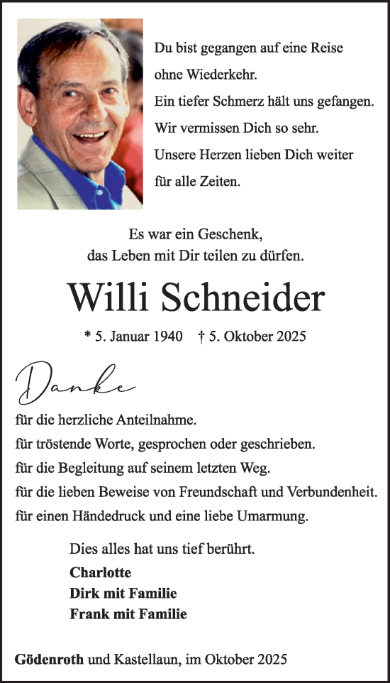 Traueranzeige von Willi Schneider von WochenSpiegel