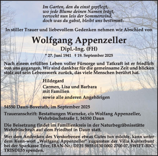 Traueranzeige von Wolfgang Appenzeller von WochenSpiegel