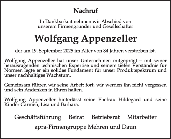 Traueranzeige von Wolfgang Appenzeller von WochenSpiegel
