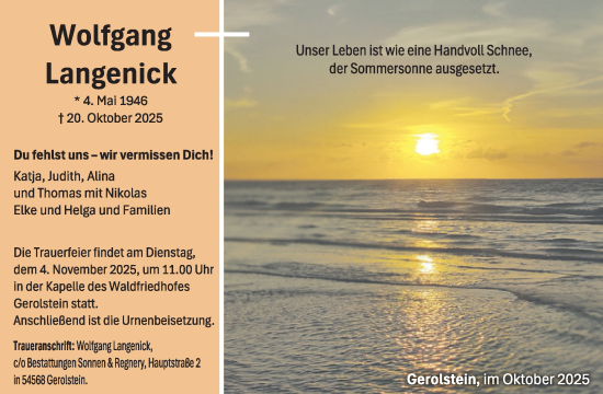 Traueranzeige von Wolfgang Langenick von WochenSpiegel