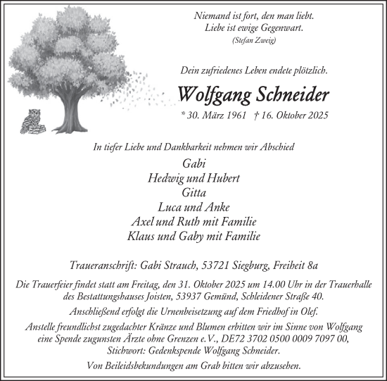 Traueranzeige von Wolfgang Schneider von WochenSpiegel