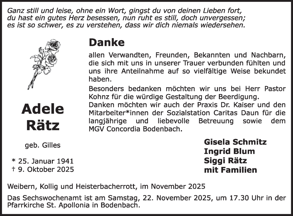  Traueranzeige für Adele Rätz vom 15.11.2025 aus WochenSpiegel