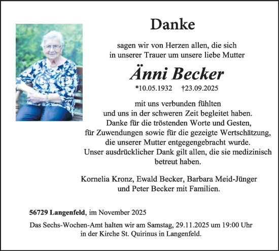 Traueranzeige von Änni Becker von WochenSpiegel