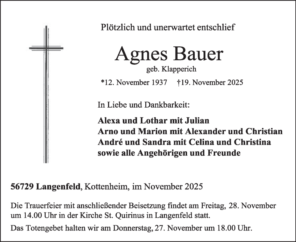  Traueranzeige für Agnes Bauer vom 26.11.2025 aus WochenSpiegel