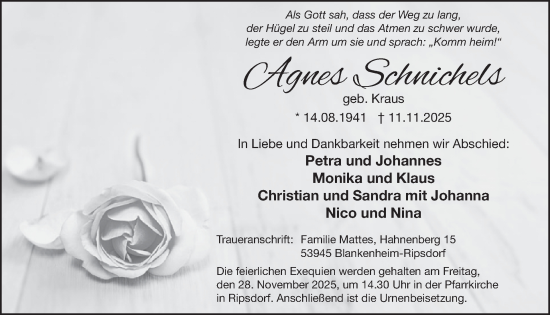 Traueranzeige von Agnes Schnichels von WochenSpiegel