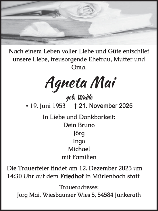 Traueranzeige von Agneta Mai von WochenSpiegel