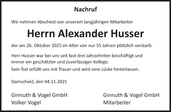 Traueranzeige von Alexander Husser von WochenSpiegel