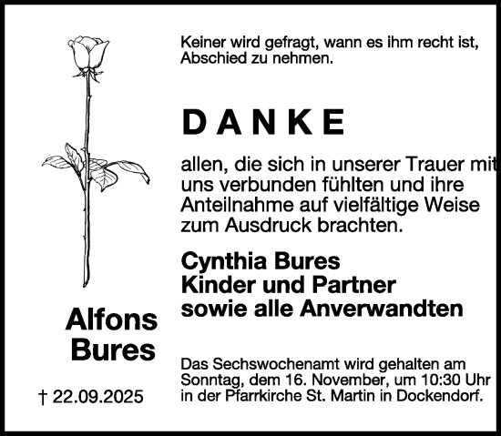 Traueranzeige von Alfons Bures von WochenSpiegel
