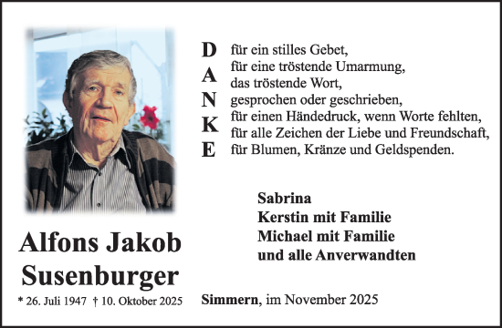 Traueranzeige von Alfons Susenburger von WochenSpiegel