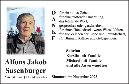 Traueranzeige von Alfons Susenburger von WochenSpiegel