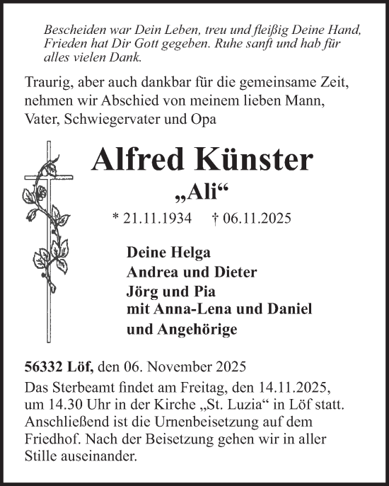 Traueranzeige von Alfred Künster von WochenSpiegel