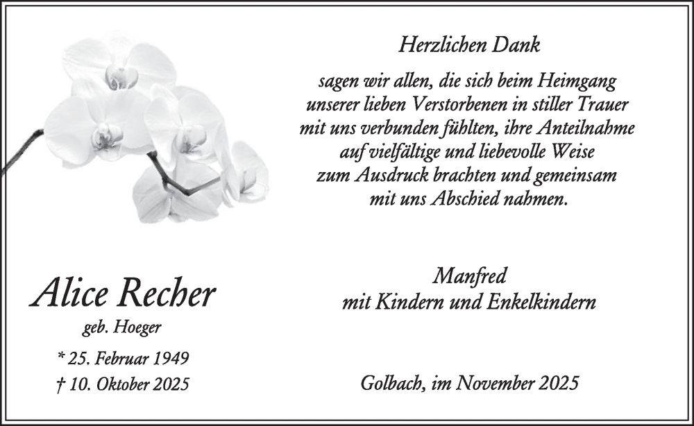  Traueranzeige für Alice Recher vom 05.11.2025 aus WochenSpiegel