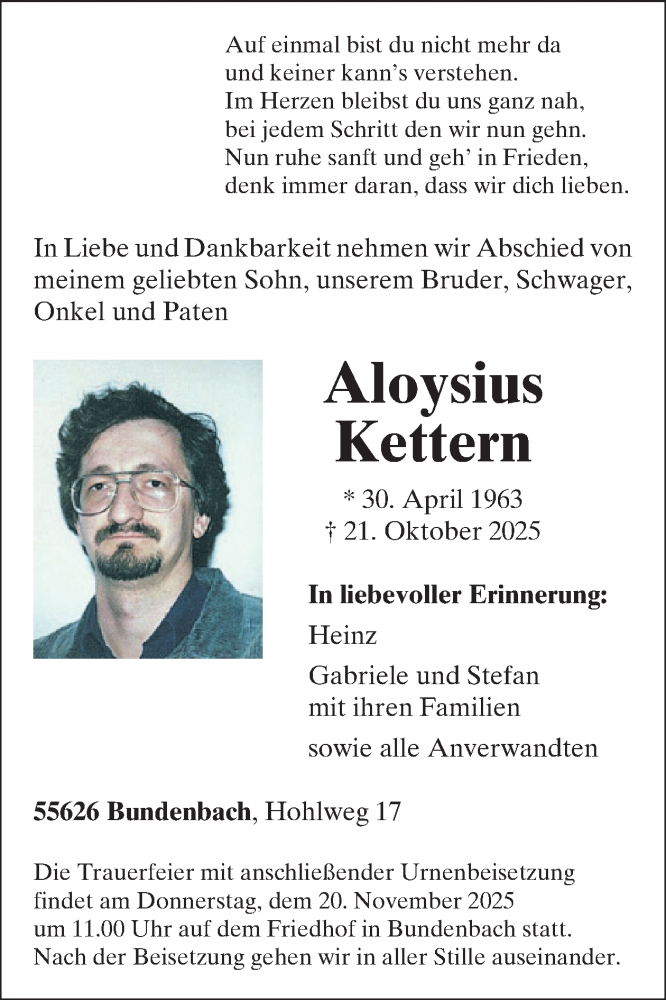  Traueranzeige für Aloysius Kettern vom 15.11.2025 aus WochenSpiegel