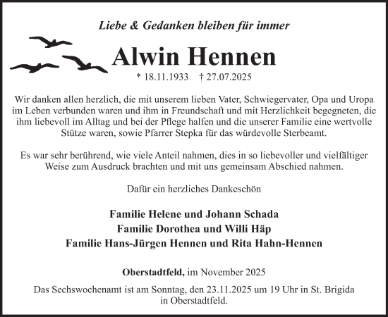Traueranzeige von Alwin Hennen von WochenSpiegel