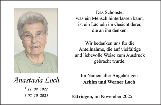 Traueranzeige von Anastasia Loch von WochenSpiegel