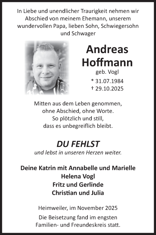 Traueranzeige von Andreas Hoffmann von WochenSpiegel