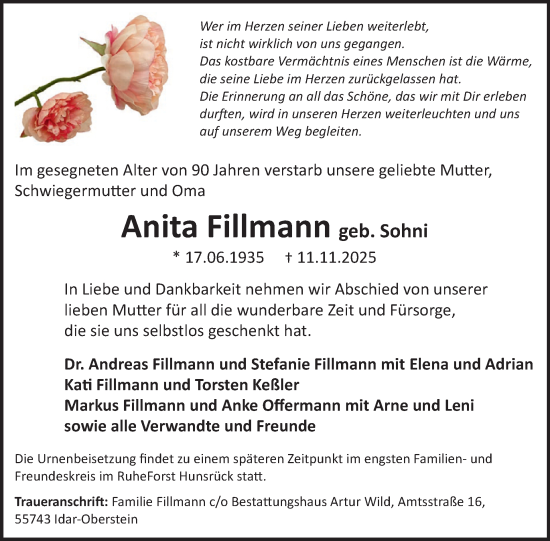 Traueranzeige von Anita Fillmann von WochenSpiegel
