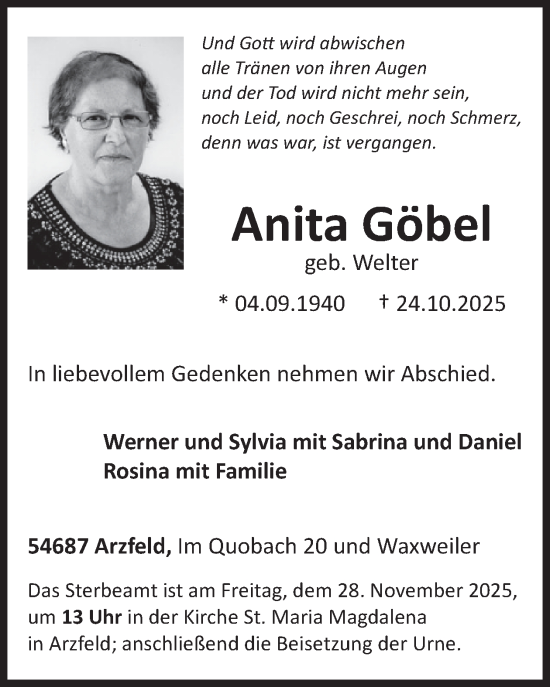 Traueranzeige von Anita Göbel von WochenSpiegel