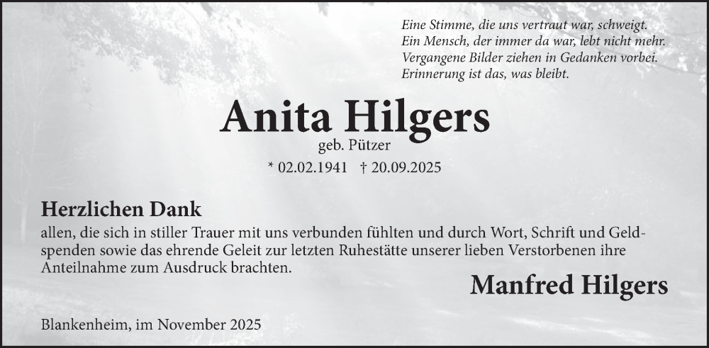  Traueranzeige für Anita Hilgers vom 19.11.2025 aus WochenSpiegel