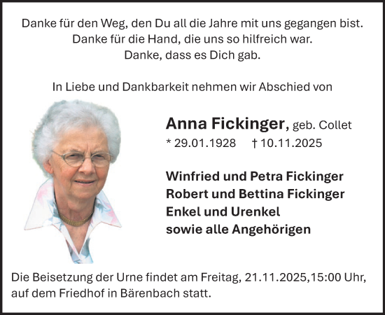 Traueranzeige von Anna Fickinger von WochenSpiegel