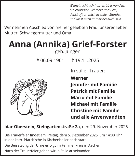 Traueranzeige von Anna Grief-Forster von WochenSpiegel