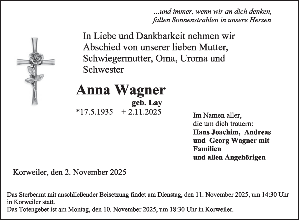  Traueranzeige für Anna Wagner vom 08.11.2025 aus WochenSpiegel