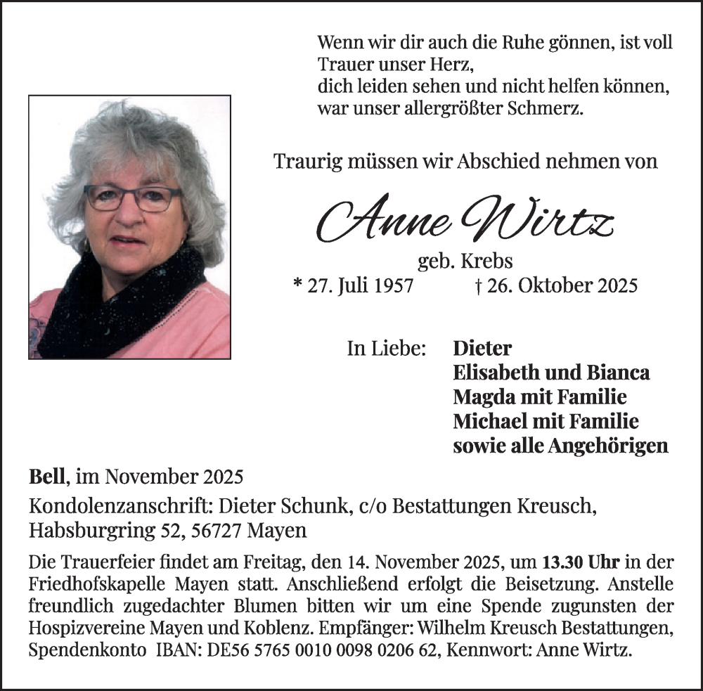  Traueranzeige für Anne Wirtz vom 08.11.2025 aus WochenSpiegel