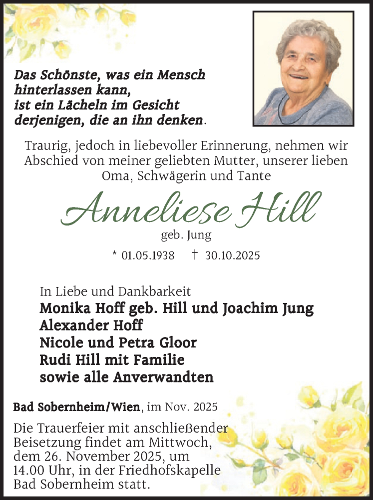  Traueranzeige für Anneliese Hill vom 22.11.2025 aus WochenSpiegel