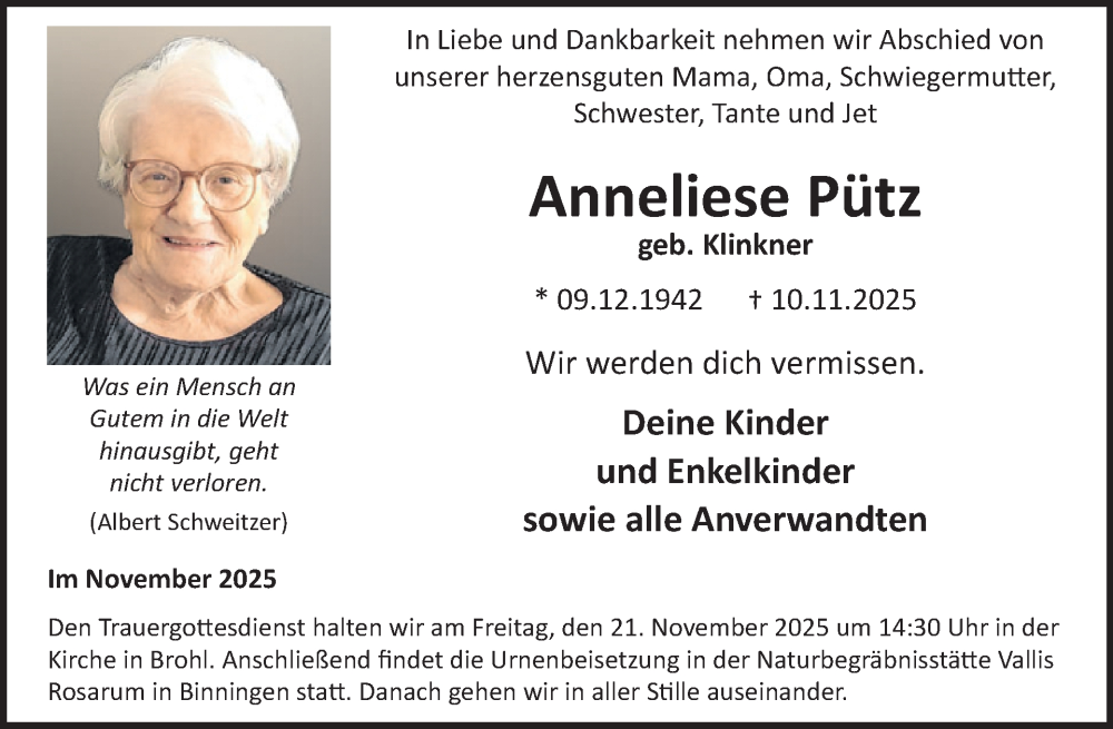  Traueranzeige für Anneliese Pütz vom 19.11.2025 aus WochenSpiegel