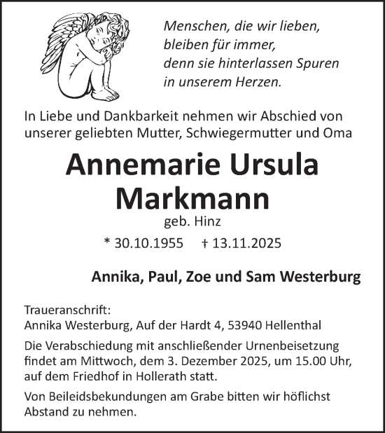 Traueranzeige von Annemarie Ursula Markmann von WochenSpiegel