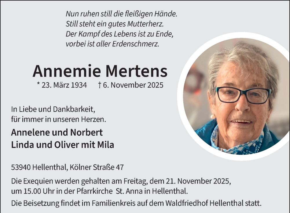  Traueranzeige für Annemie Mertens vom 19.11.2025 aus WochenSpiegel