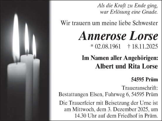 Traueranzeige von Annerose Lorse von WochenSpiegel