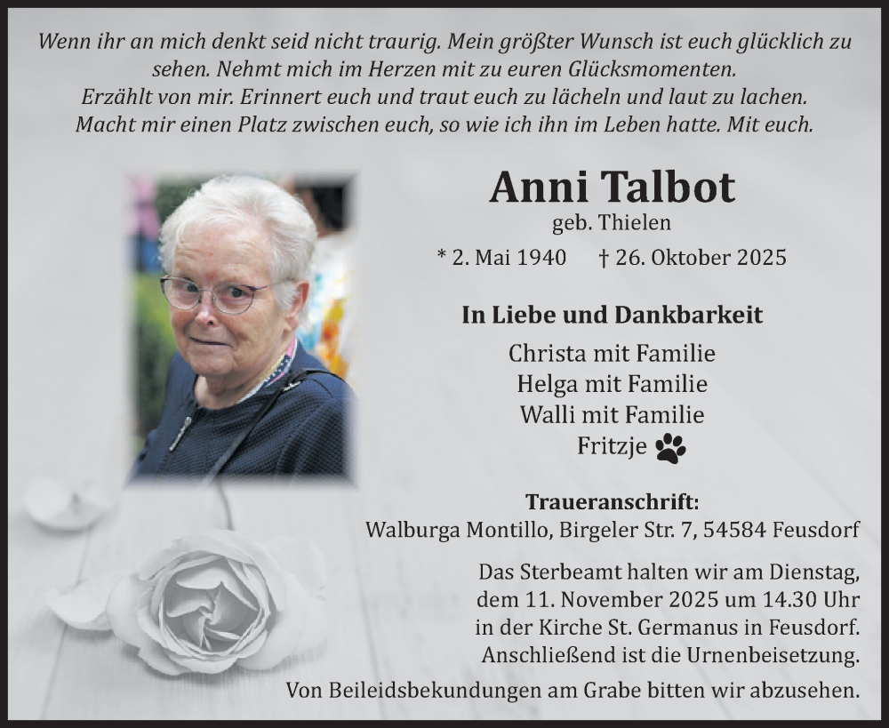  Traueranzeige für Anni Talbot vom 08.11.2025 aus WochenSpiegel