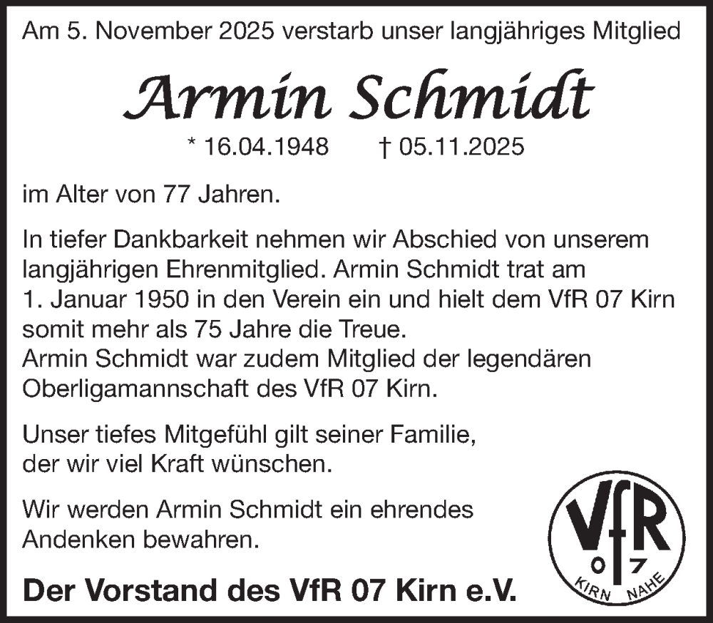  Traueranzeige für Armin Schmidt vom 29.11.2025 aus WochenSpiegel