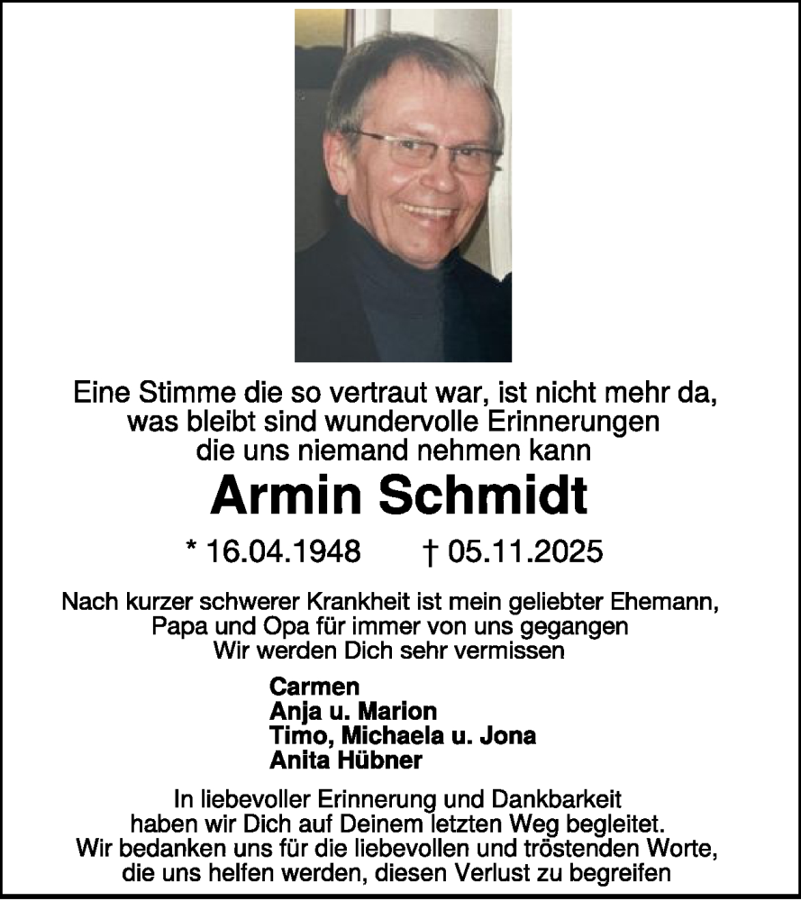  Traueranzeige für Armin Schmidt vom 15.11.2025 aus WochenSpiegel